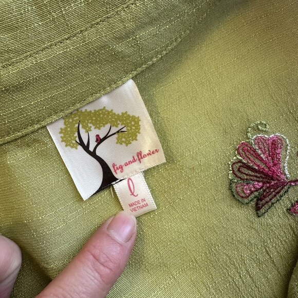 Womens Fig & Flower Lime Green Blouse Large Sheer Button Up Embroidered Boho - Picture 5 of 10